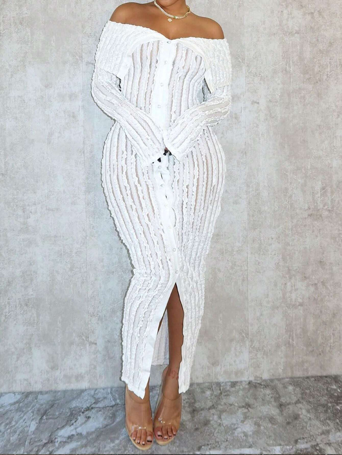 Women'S Off-Shoulder Long Sleeve Knitted Dress White Summer Elegant