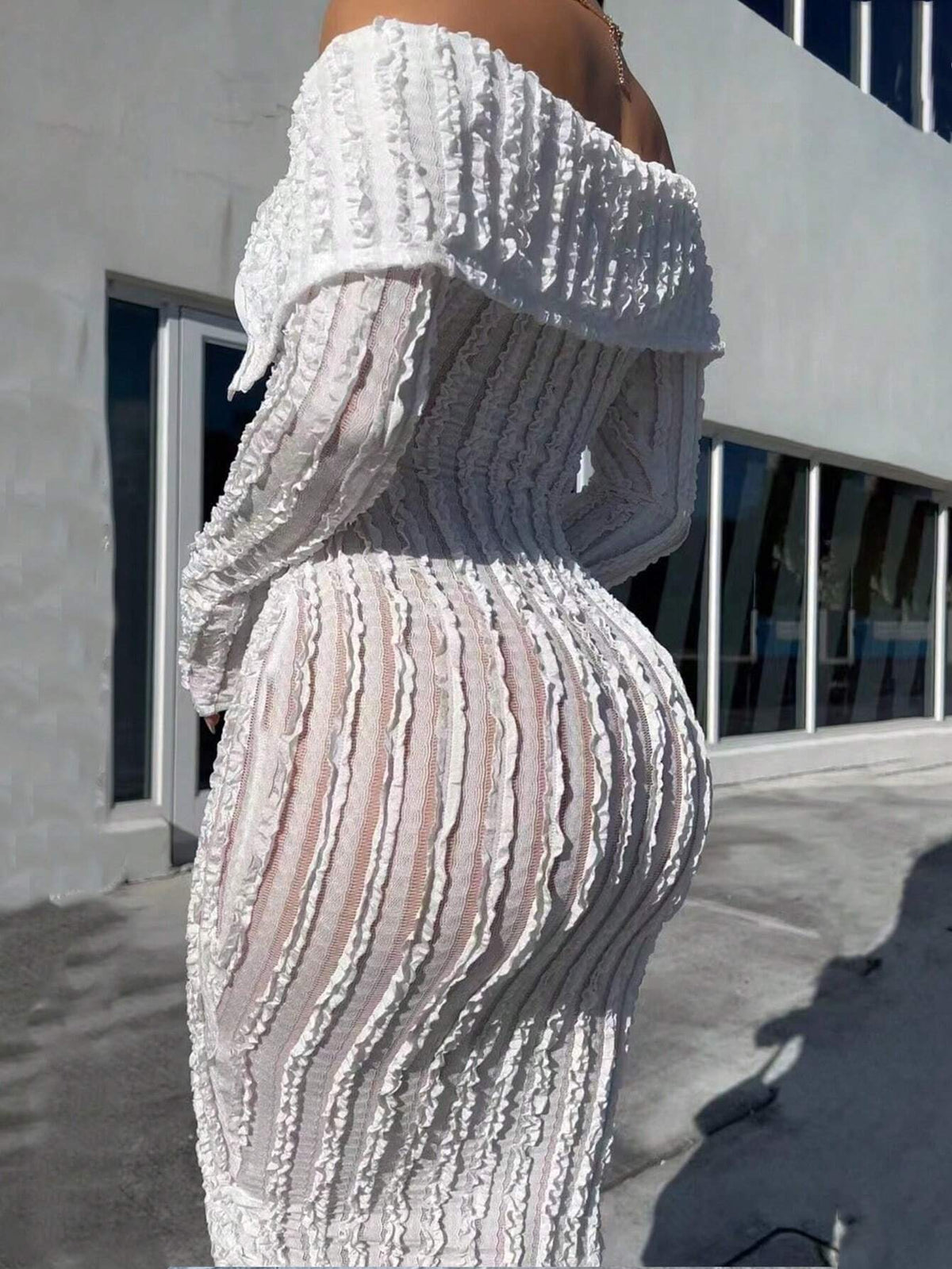 Women'S Off-Shoulder Long Sleeve Knitted Dress White Summer Elegant