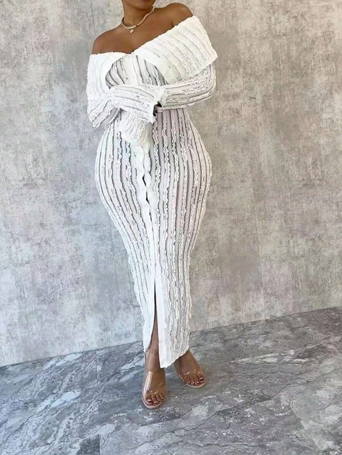 Women'S Off-Shoulder Long Sleeve Knitted Dress White Summer Elegant