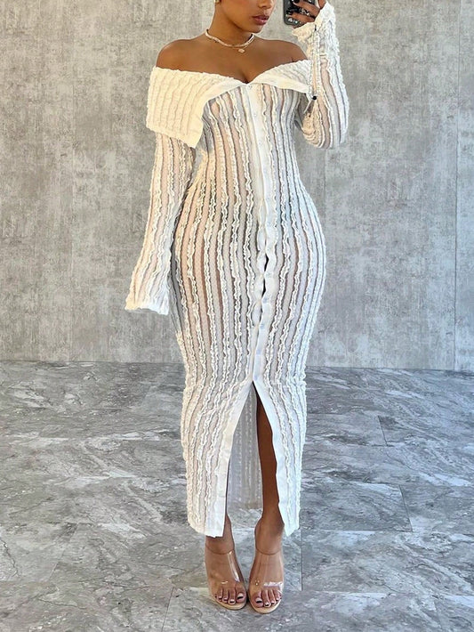 Women'S Off-Shoulder Long Sleeve Knitted Dress White Summer Elegant