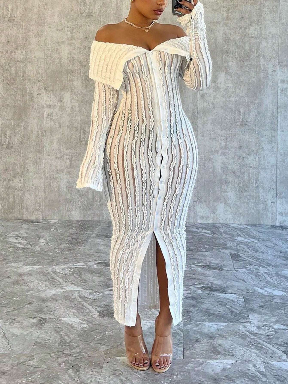 Women'S Off-Shoulder Long Sleeve Knitted Dress White Summer Elegant