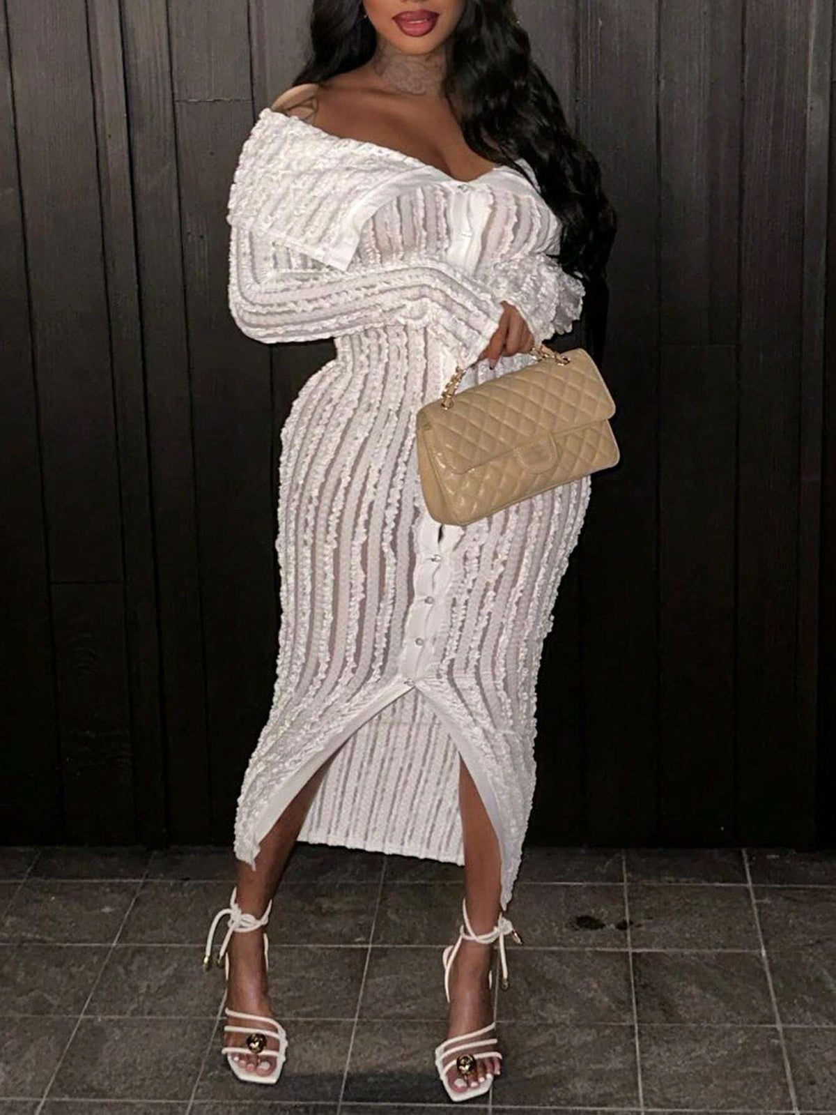 Women'S Off-Shoulder Long Sleeve Knitted Dress White Summer Elegant